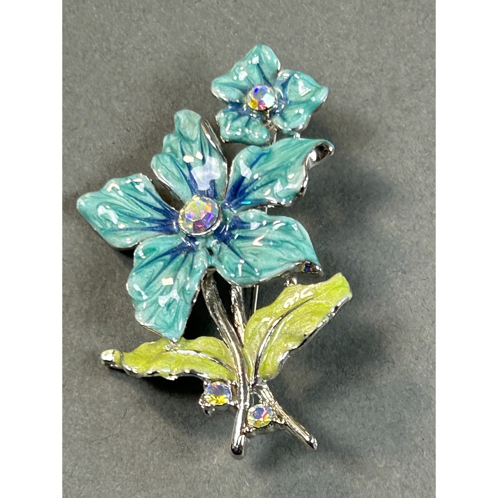 Vintage Blue Enamel Flower Brooch Silver Tone AB Rhinestone Floral Pin 2.25 inch